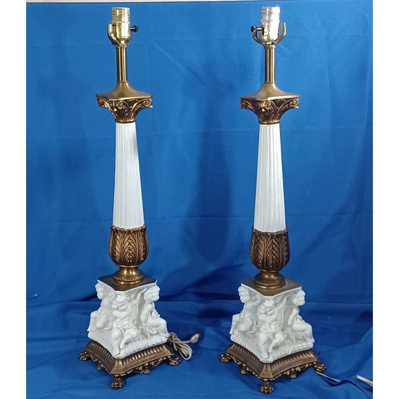 Must Buy Both Neoclassical Bronze Cherub Hollywood Regency Buffet Table Lamp - Picture 8 of 16